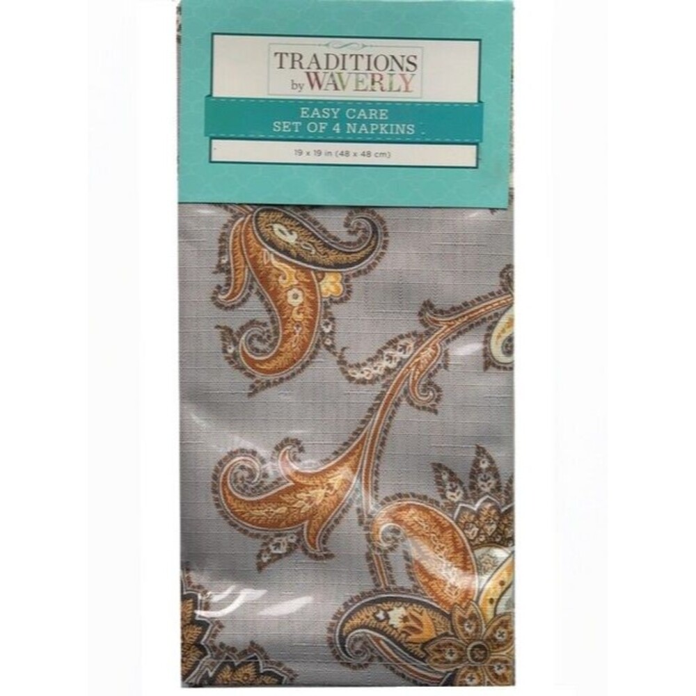 Waverly Fabric Napkins Jacobean Print Gray Gold French Country 19x19" Set of 4